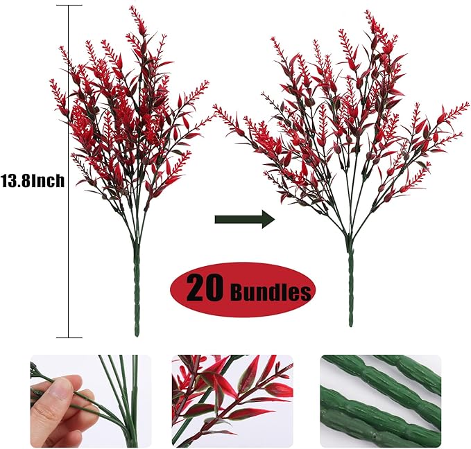 Artificial Outdoor Plants UV Resistant Artificial Greenery Lavender 20 Bundles UV Resistant Hanging Planter Flora Fence Indoor Outside Decor Wedding Table Flowers Arrangement Bouquet Filler(Red)