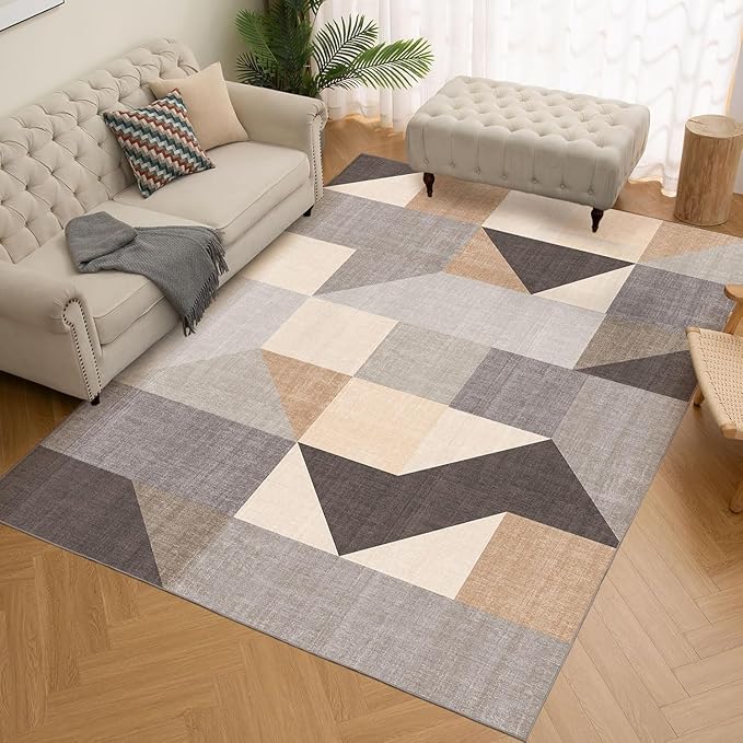 HOMFINE Washable Modern Area Rug - Geometric Style 4x6 Rugs for Living Room, Bedroom, Machine Washable Rug Soft Non Slip Non Shedding Area Rug - Grey Brown, 4'x6'