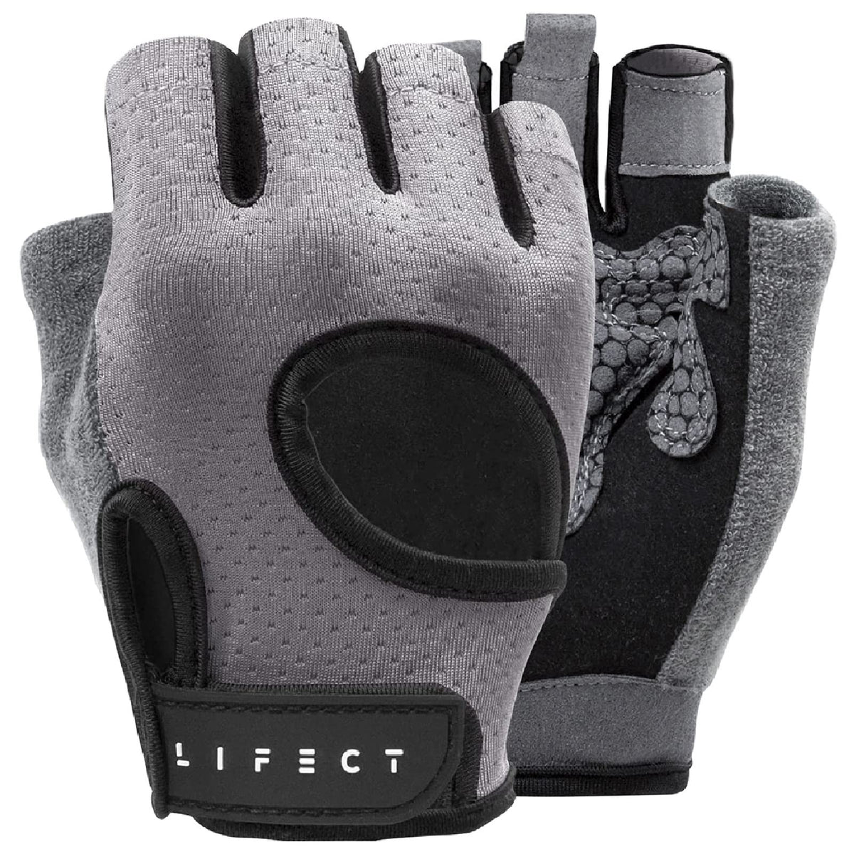 LIFECT Breathable Workout Gloves, Knuckle Weight Lifting Fingerless Gym Exercise Gloves with Curved Open Back, for Powerlifting, Crossfit, Women and Men (Grey, Medium)