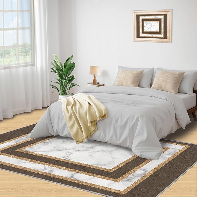 Marble Texture Area Rugs Rectangular Geometric Rug Gray White Marble Carpet Luxury Rug with Gold Accents Modern Minimalist Geometric Rugs for Bedroom Living Room 3x4ft