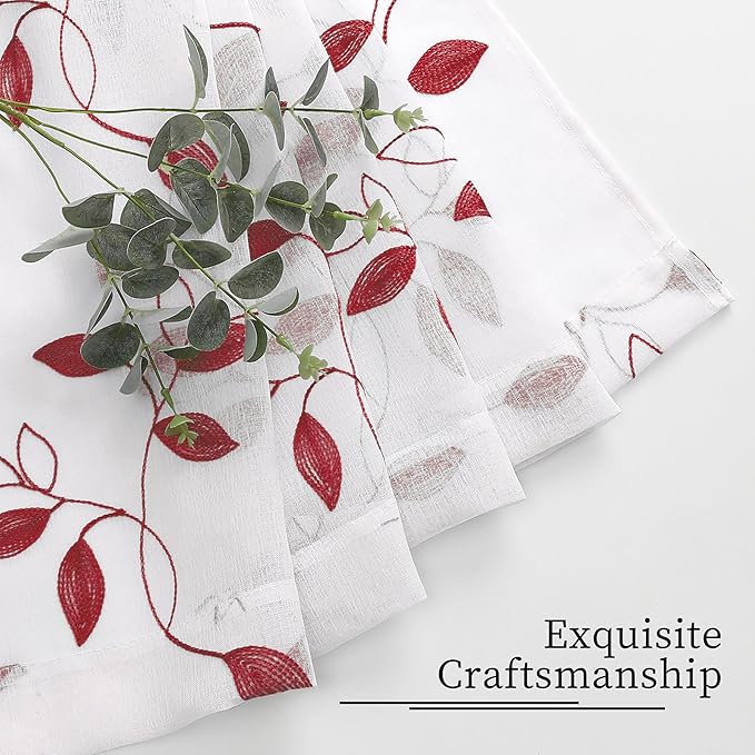 Tollpiz Burgundy Red Leaf Sheer Curtains Leaves Embroidered Living Room Curtain Rod Pocket Voile Window Treatments for Bedroom, 54 x 63 inches Long, Set of 2 Panels