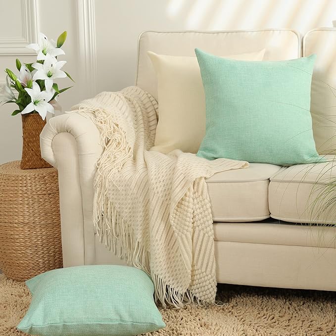 Stellhome Pack of 2 Spring Burlap Throw Pillow Covers Farmhouse Linen Cushion Covers Pillowcase, Home Decor Decorations for Sofa Couch Bed Chair 22x22 Inch/55x55 cm, Green