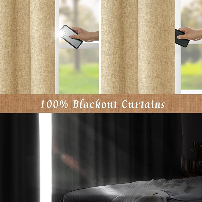 LAMIT Natural 100% Blackout Linen Curtains, 54 Inches Linen Textured Thermal Bedroom Curtains Back Tab and Rod Pocket Neutral Panels with White Liner for Farmhouse, 2 Panels, 42 x 54 Inch, Burlap