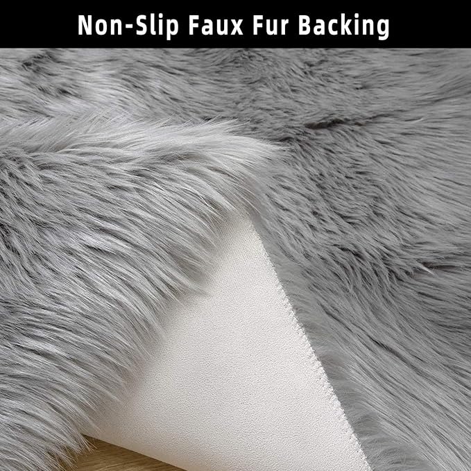 Grey Faux Fur Sheepskin Area Rug for Living Room Bedroom, 6 x 6 Feet Ultra Soft Shaggy Fuzzy Furry Carpet Chair Throw Large Rugs for Kids, Girls, Nursery Room Decor Dorms