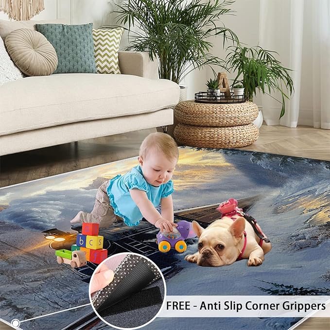 Train 4x5 Area Rugs,Forest and Mountains Bedroom Rug Winter Landscape Non-Slip Washable Rug for Living Room Nursery Kitchen Low-Pile Carpet