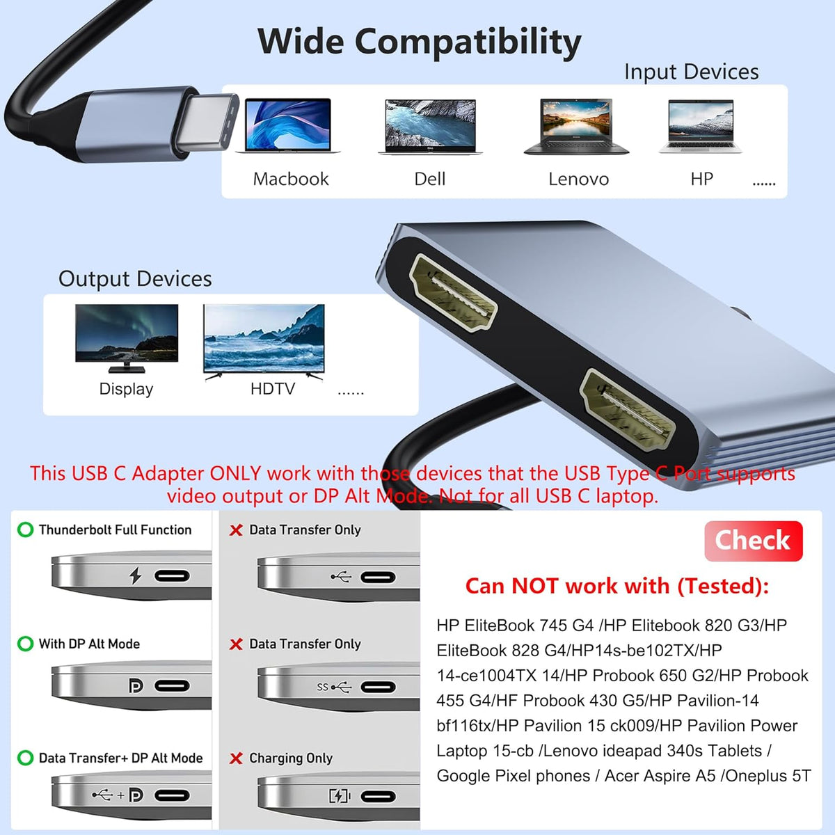 Closs 2 4K@60Hz 4K@30Hz. USB C to Dual HDMI Adapter, Docking Station Dual Monitor, Type C to HDMI Splitter