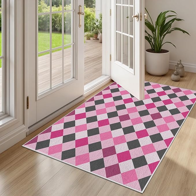 Diamond Checkered Rug 5x7, Soft Ultra Soft Faux Wool Abstract Geometric Rugs, Indoor Floor Mats Carpet, Non Slip&Non-Shedding Low Pile Washable Rugs, Modern Red Rug for Bedroom