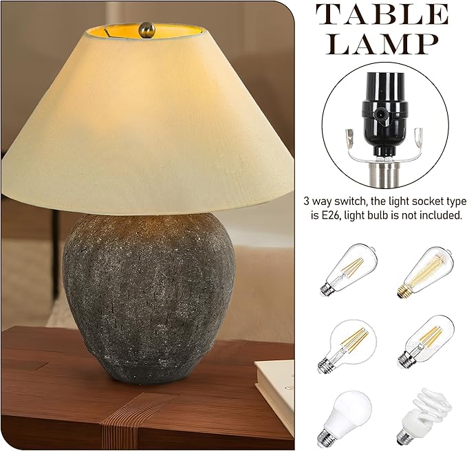 Pia Ricco 21'' Large Gray Base Ceramic Basin Table Lamp for Bedroom, Living Room, Dining Room, Office, White Shade