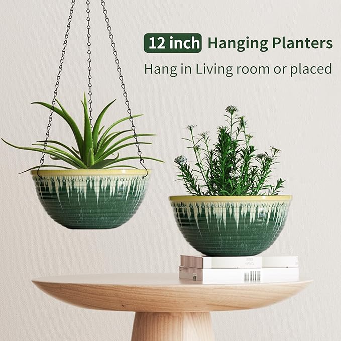 12 inch Large Hanging Planters for Indoor Outdoor Plants, Set of 2 Glazed Hanging Flower Pots with Drainage Hole, Hanging Baskets for Garden Home Porch Decor