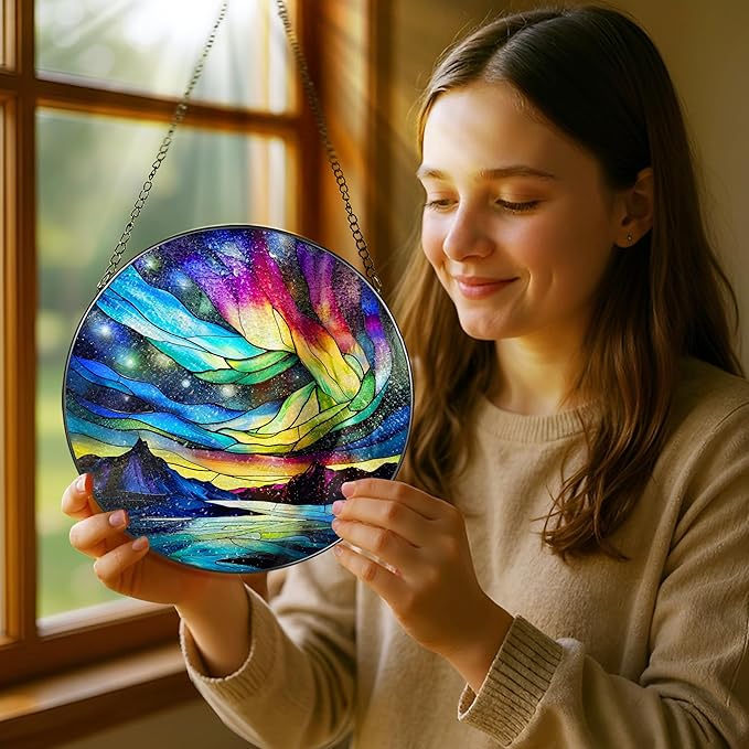 Stained Glass Window Hanging - 8 Inch Aurora Borealis Suncatcher for Window Doors Home Decoration, Valentine's Day Mother's Day Christmas Birthday Gifts for Women, Men, and Mom Grandma
