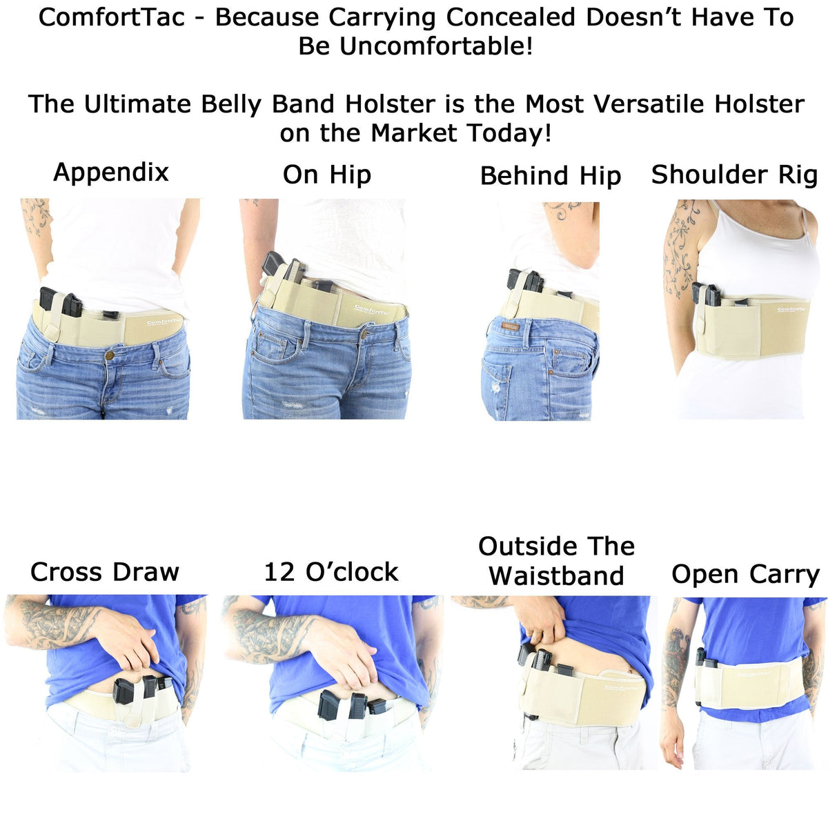 ComfortTac Ultimate Belly Band Holster for Concealed Carry | Fits Smith and Wesson Bodyguard, Shield, Glock 19, 17, 42, 43, P238, Ruger LCP, and Similar Sized Guns | for Men and Women