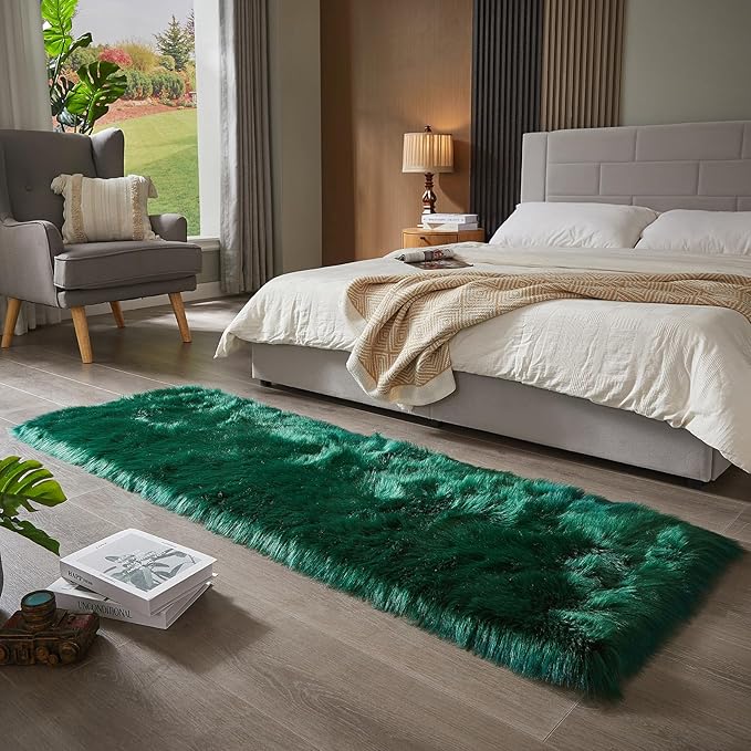 AMTOVO Faux Fur Rug, Dark Green Ultra Soft Fluffy Shag Sheepskin Rug, 2 x 6 ft Runner Area Rugs for Bedroom Sofa Throw Cushion Room Decor, Rectangle