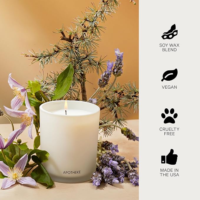 Apotheke Signature Scented Candles for Home, Hinoki Lavender - 10.5 oz - Soy Wax, Non Toxic, Large Jar White - Luxury Candle Gifts for Women & Men - Hinoki Cypress, Lavender, and Lotus Flower