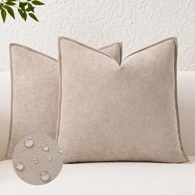 Kevin Textile Waterproof Decorative Pillow Covers Khaki 18x18 Inch Pack of 2 Soft Boucle Textured Throw Pillowcases Elegant Accent Pillows for Couch Sofa Chair Bed Home Decor Indoor Outdoor