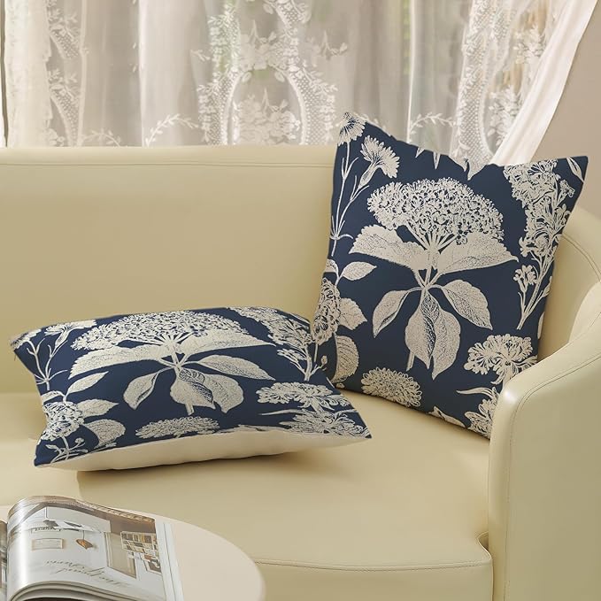 Blue Pillow Covers 20x20 Set of 2 Boho White Floral Throw Pillows Hydrangea Herbs Botanical Decoration Pillowcase Linen Farmhouse Vintage Flower Cushion Case Outdoor Decorative for Couch Sofa
