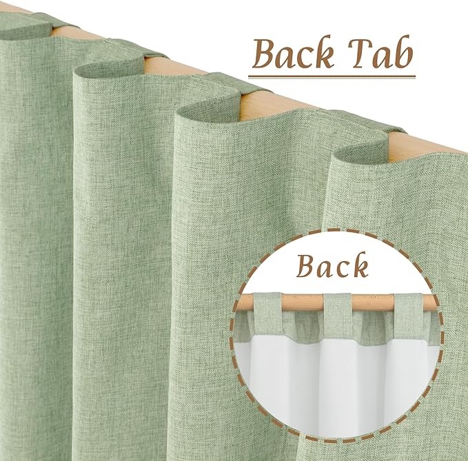 LAMIT 100% Blackout Linen Curtains 84 Inches Long, Living Room Farmhouse Drapes Full Room Darkening Back Tab and Rod Pocket Panels with White Liner, 2 Panels, Light Green, 60 x 84 Inch