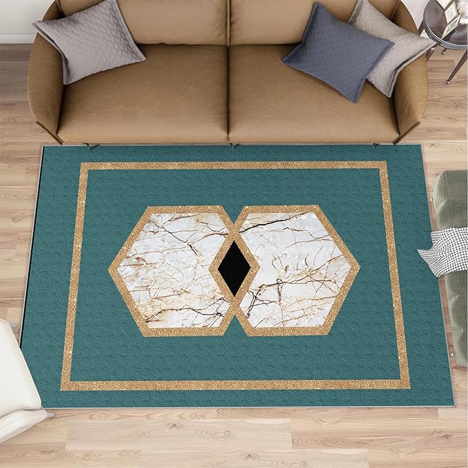 Jadeite Marble Area Rug Abstract Marble Texture Area Rugs for Living Room Light Luxury Stone Crack Carpet Gold Geometric Stripes Outdoor Carpet for Bedroom Living Room 7x8ft