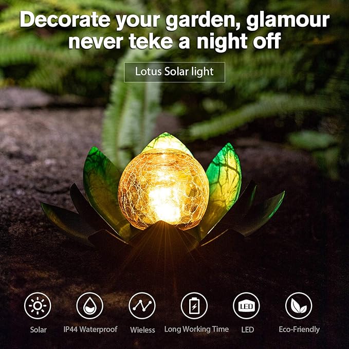 Huaxu Solar Light Outdoor Garden Decor Blue Metal Crackle Globe Glass Waterproof LED Lotus Flower Table Lamp Decorations for Patio Yard Porch Pathway Ground