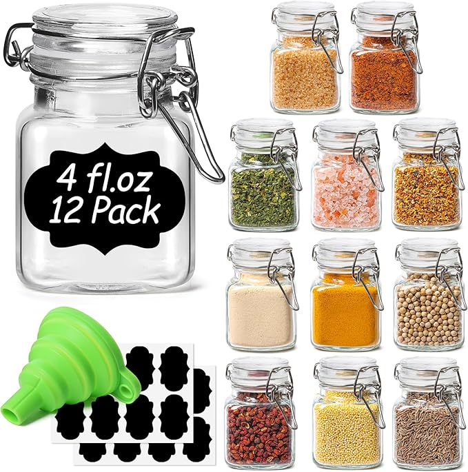 ComSaf 4 oz Glass Jars with Lid, Set of 12 Mini Airtight Glass Jars, Spice Jars, Small Mason Jar, Canning Jar Square with Seal Wire Clip Fastening, Labels & Funnels for Jam, Honey, Kitchen, Wedding