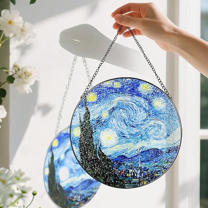 Stained Glass Window Hanging, Pauyadu Van Gogh Starry Night Sun Catchers, Stained Glass Suncatcher, Starry Night Decor Gifts for Her, Women, Art Lover, Friend - 8 Inch