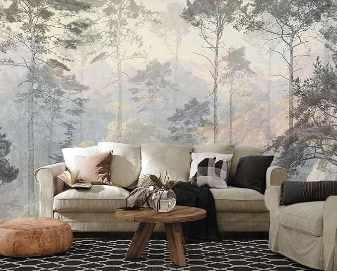 Hazy Forest Wall Mural, Abstract Nature Landscape Wallpaper, Background Wall Decoration Patterns（Non-self-Adhesive）