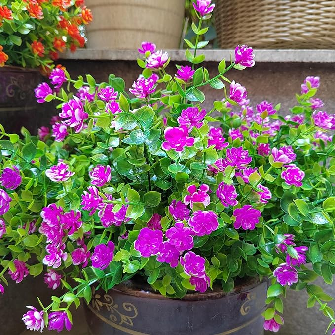 12 Bundles Artificial Flowers for Outdoors, UV Resistant Fake Flowers with Plastic Plants, Faux Flowers for Outside Window Box Front Porch Hanging Planter Decor (Magenta)