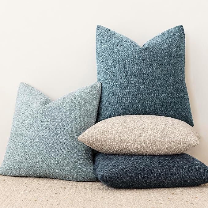 Foindtower Decorative Textured Boucle Throw Pillow Covers Accent Solid Lumbar Pillow Cases Neutral Soft Couch Cushion Case for Chair Sofa Bedroom Living Room Home Decor 12x20 Inch,1PC,Misty Blue