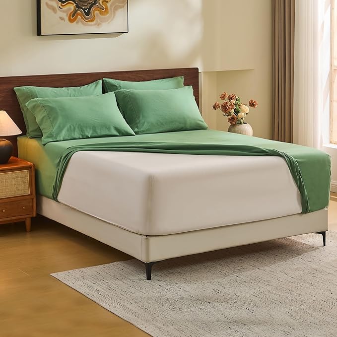 MEISHANG 100% French Pure Linen Sheets Queen Size - Extra Deep Pocket Sheet Set, Soft Durable Flax Linen, Anti-Tear Breathable & Oeko-Tex Certified 18-24 Deep Pocket,All Season(Sage Green)