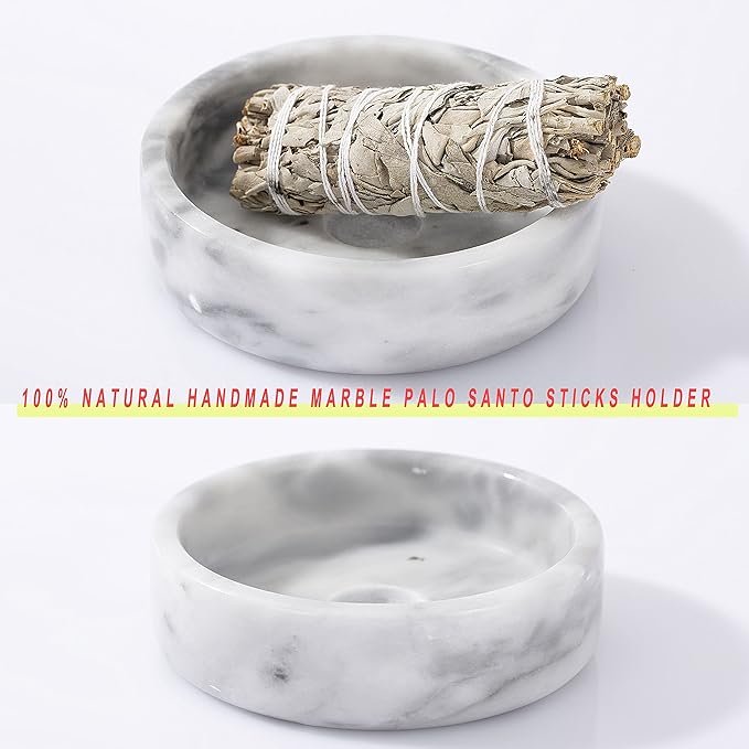 Palo Santo Holder, Natural Marble Incense Burner for Palo Santo Sticks, Handmade Stick Incense Holder Ideal for Smudging, Incense Burning, Decoration (Natural White&Grey)