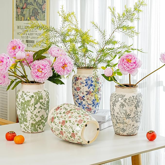 Sungmor Ceramic Flower Vase, Vintage Ice Cracked Glaze Porcelain Vase, Pretty Home Decor Vase for Flower Arrangement, Fresh Flowers, 10.2 Inch Tall Chinoiserie Pottery Vase, Pink Floral Pattern