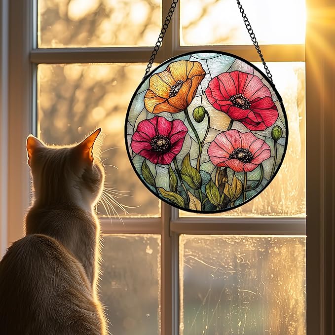 Stained Glass Suncatcher, Red Orange Poppy Flowers Sun Catcher Silver Background Wildflowers Window Hanging Decor Christmas Mother Birthday Gifts for Women Men Mom Nana 6.3 in