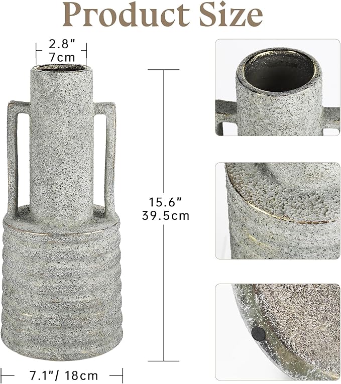 Hollyone Large Vintage Ceramic Vase with 2 Handles, 15.6" Tall Gold-Toned Antique Rustic Decorative Floral Grey Vases for Flowers Home Table Centerpiece Shelf Living Room Entryway Farmhouse Decor