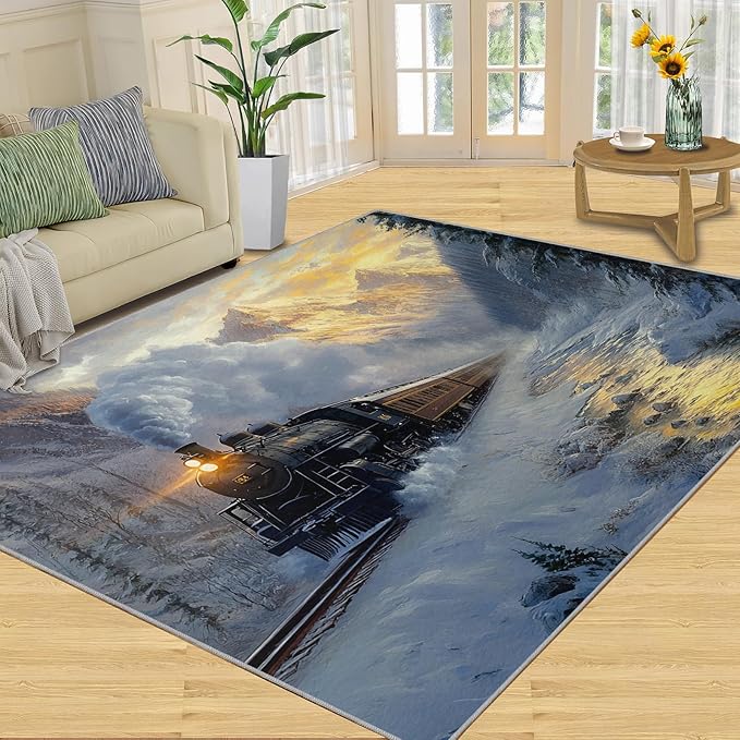 Train 3x5 Area Rugs,Forest and Mountains Bedroom Rug Winter Landscape Non-Slip Washable Rug for Living Room Nursery Kitchen Low-Pile Carpet