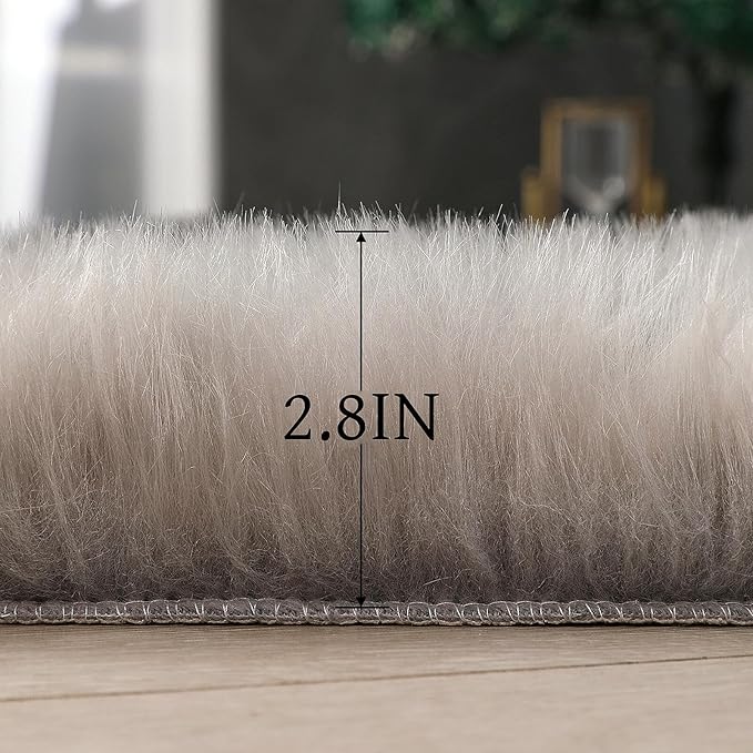 Faux Fur Rug Sheepskin Shag Fluffy Fuzzy Grey 2x6 ft Runner Rugs for Bedroom Bedside Bed Floor Living Room Plush High-Density Cushion Carpet Super Sofa Cover