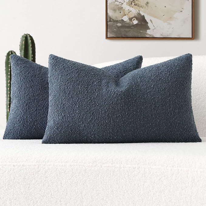 FUTEI Pack of 2 Haze Blue Decorative Throw Pillow Covers 12x20 Inch Soft Cozy Solid Boucle Textured Lumbar Pillow Cases,Modern Home Decor for Couch Bed Living Room