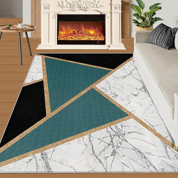 Geometric Marble Rugs for Living Room Abstract Marble Area Rug Light Luxury Geometric Patchwork Carpet Mid-Century Simple Rug for Hardwood Floors Office 5x6ft
