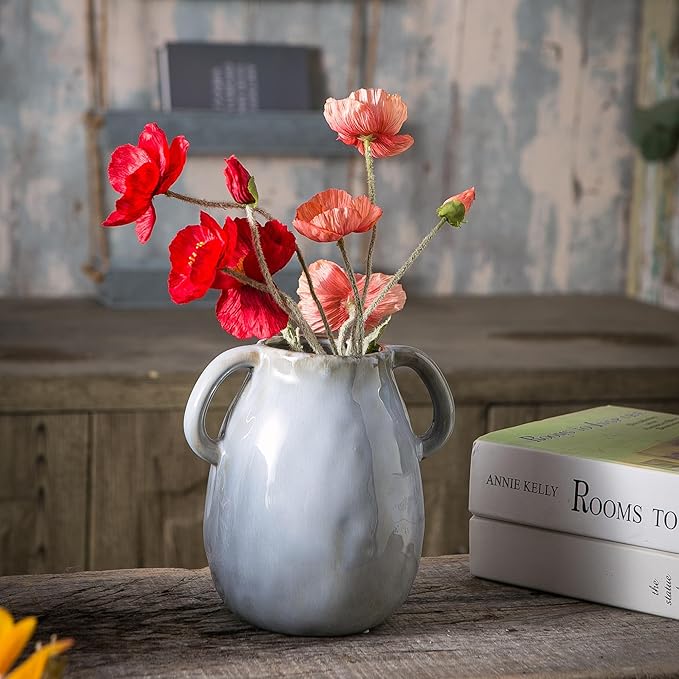 Gray Ceramic Vase with 2 Handles, Modern Farmhouse Decor, Rustic Terracotta Pottery, Decorative Flower Vases, Clay Small Vase, Centerpiece for Dining Table - 7 Inch Tall