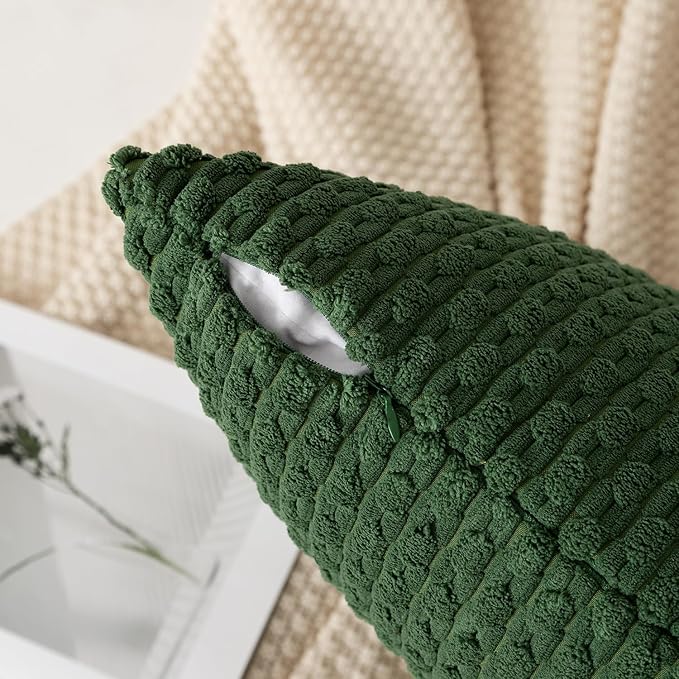 Kevin Textile Christmas Corduroy Decorative Throw Pillow Covers 24x24 Inch Pack of 2 Soft Boho Striped Pillow Covers Modern Farmhouse Home Decor for Spring Sofa Living Room Couch Bed Dark Green