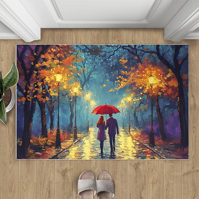 London Streets Washable Rugs 5x8 Rug for Living Room, Rainy Night Oil Painting 5x8 Rug Autumn Landscape Low-Pile Carpet for Bedroom Dining Non Slip Mat with Rubber Back