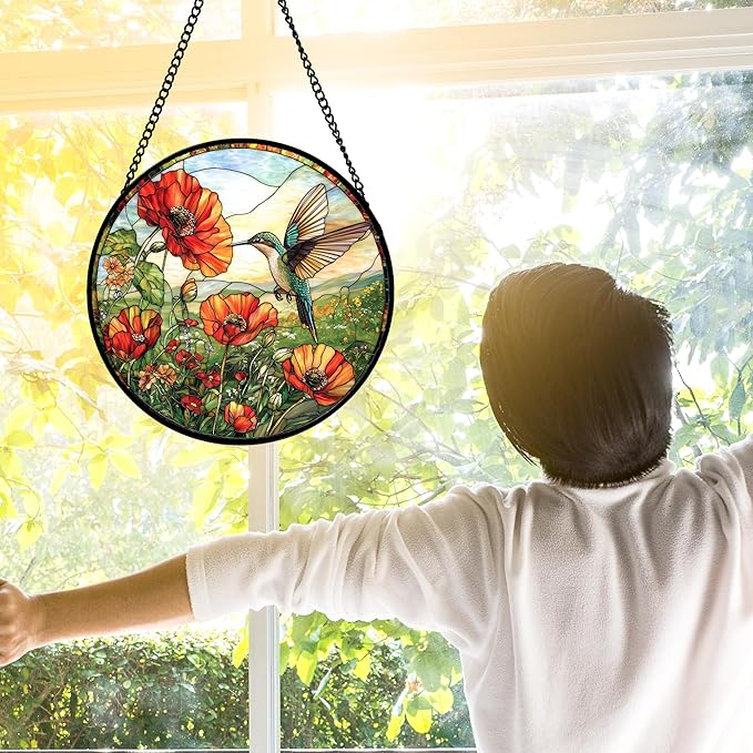Stained Glass Window Hanging, Hummingbirds Orange Flowers Suncatcher Diamond Glass Panel Hangings Sun Catchers Decor for Birthday for Women, Men, Wife, Aunt, and Mom 9.8 in