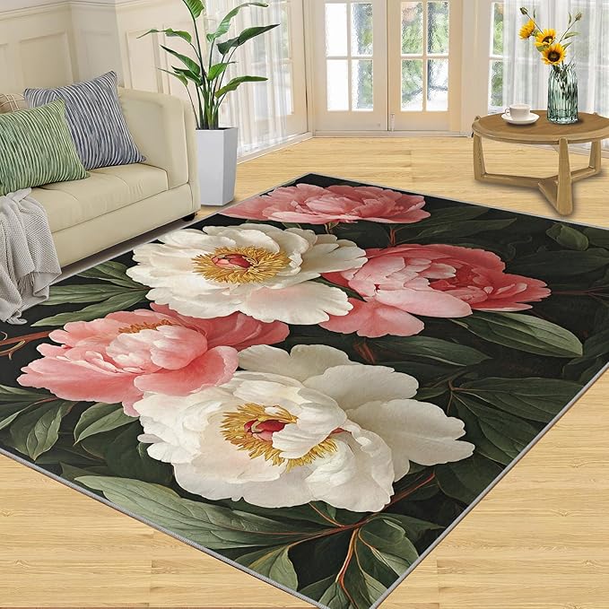 Rustic Flowers Washable Area Rug 5x8, Peony Soft Rugs for Living Room Petals Carpet Area Rugs for Bedroom Dining Room Non-Slip Stain Resistant Rug