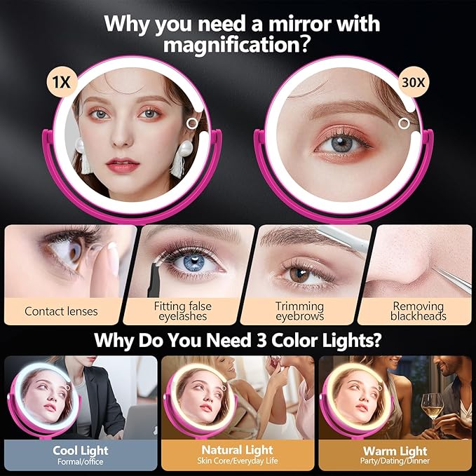 MIYADIVA Makeup Mirror with Lights, 30X Magnifying Mirror with Light and Touch Switch, Vanity Mirror with 3 Color Light and 80 LEDs, Height Adjustable Desk Mirror with Lights, Hot Pink
