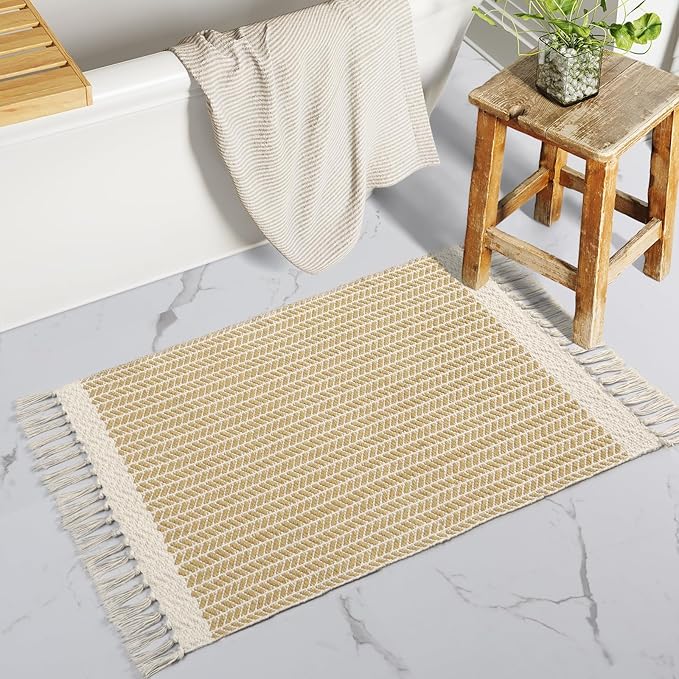 Lahome Boho Bathroom Rugs, Small 2x3 Front Door Mat Lightweight Kitchen Rug Woven Cotton Area Rug with Tassels, Farmhouse Non Shedding Washable Throw Rug Low Pile Carpet for Entry Laundry, Khaki