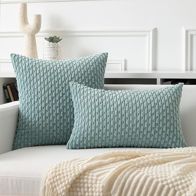 Kevin Textile Throw Pillow Covers Soft Corduroy Decorative Set of 2 Boho Striped Pillow Covers Pillowcases Farmhouse Home Decor for Couch Bed Sofa Living Room 16x16 Inch Dusty Green