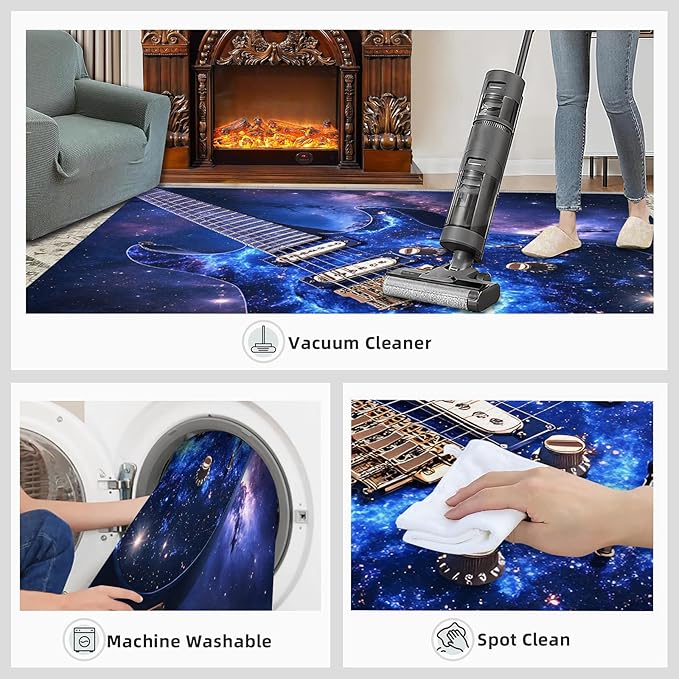 Guitar 6x8 Area Rugs for Living Room -Musical Instruments Washable Rug Starry Sky Non-Slip Carpet Indoor Floor Stain Resistant Thin Carpets for Bedroom Dining Room Home Office