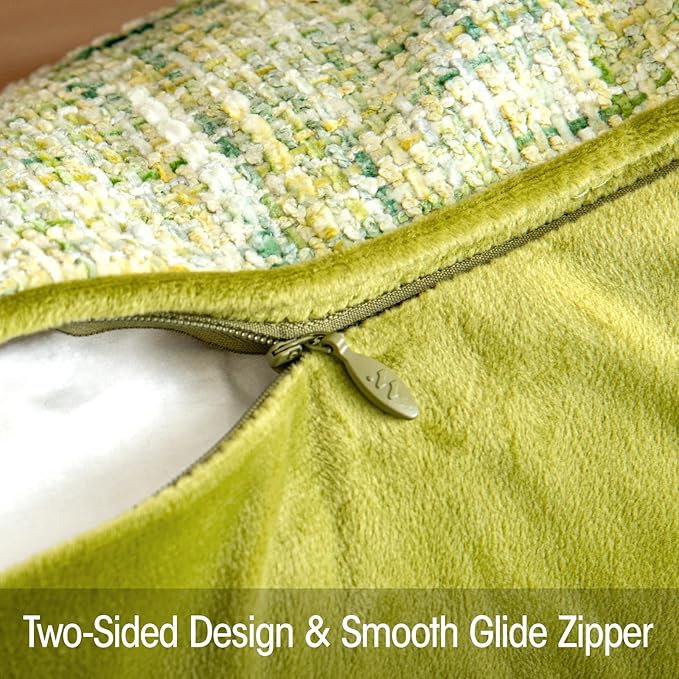a moment Green Reversible Pillow Covers 2 Pack - Farmhouse Chenille Throw Pillows, Neutral Textured Decorative Throw Pillow Covers with Border for Couch Sofa Bed (12x20 Inch, No Insert)