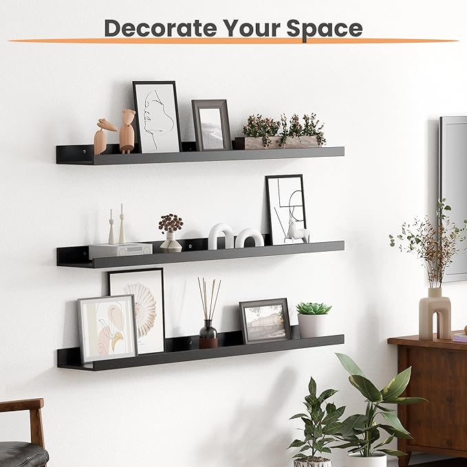 upsimples Floating Shelves for Wall, 35.5 Inch Shelves for Decor Storage Set of 6, Wall Mounted Wood Shelf for Bedroom, Living Room, Bathroom, Kitchen, Long Picture Ledge Shelves, Black