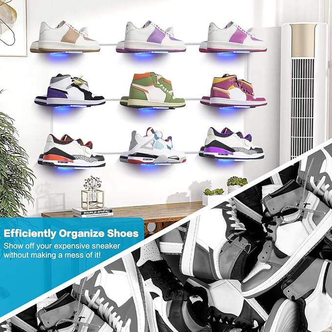 DILIBRA Set of 18 Floating Shoe Display Shelf with Lights, Glow Color Changing Clear Acrylic Shoe Shelf for Wall, Levitating Sneaker Shelves Wall Mount for Display Your Top Shoes Collection