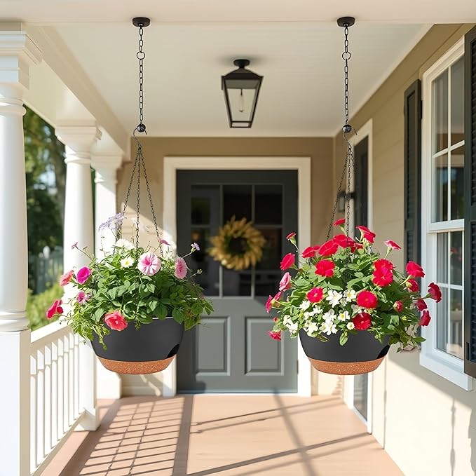 2 Pack 12 Inch Large Hanging Planters with Chains Self Watering Black Brown Plastic Hanging Pots for Indoor Outdoor Plants, Garden Porch Home Decor，Black Brown