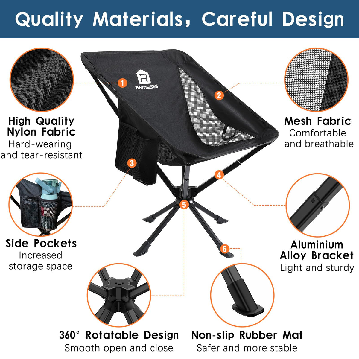 Raynesys Portable Swivel Camping Chair, 8 Seconds Quick Setup Easy Carry
